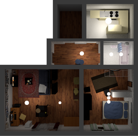 (Mit Blender ersteller) Maßstabsgerechter Wohnungsgrundriss mit Küche (nur sehr grob), Flur, Badezimmer, Wohnzimmer und Schlafzimmer.