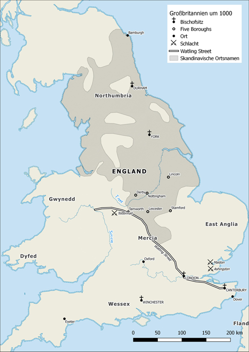 Karte Nr. 1: Soll zeigen, wo so zwischen 850 - 1020 Wikinger in England niedergelassen haben (Gott, haben die da die Sau rausgelassen.. Party all night long)