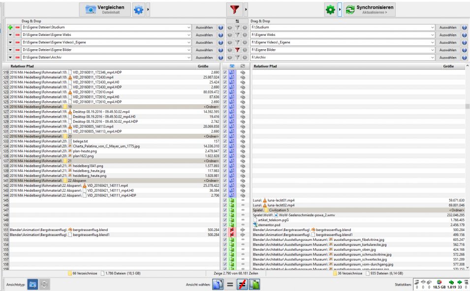 FreeFileSync: Auflistung der Daten links und rechts