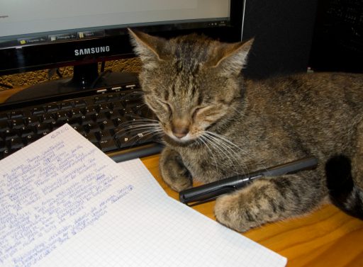 Katze auf Schreibtisch mit Füller