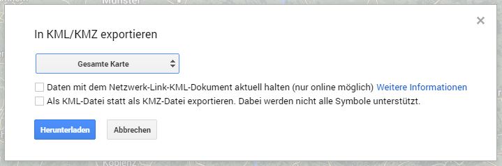 Das Exportieren-Fenster in Google MyMaps