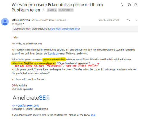 Eine Agentur aus Estland möchte meinen Lesern "Mehrwert" mit gesponserten Backlink-Artikel bieten