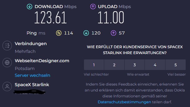 Ergebnis eines Speedtests mit 123 Mbit/s down und 11 Mbit/s up