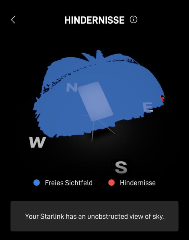 Die App zeigt in blau an, dass die Antenne freie Sicht hat. Nur ein ganz kleiner Randbereich wird in Rot angezeigt.