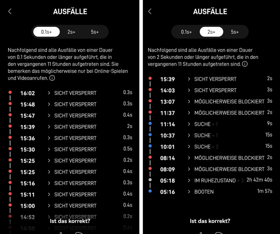 Die App zeigt hier mehrere Ausfälle im Abstand weniger Minuten an