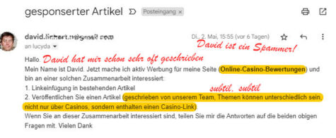 David will wissen, ob ich zu Glückspielseiten verlinke. Und er schreibt mir immer wieder, obwohl ich nicht antworte.