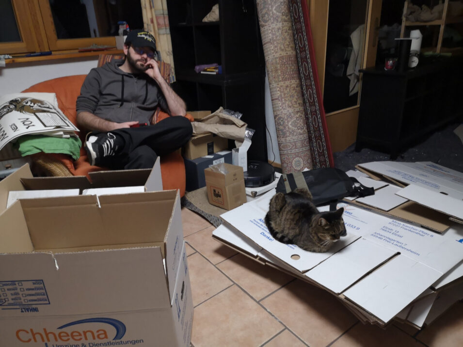 Pierre und Kater haben sich irgendwo im Kaminzimmer Plätze gesucht