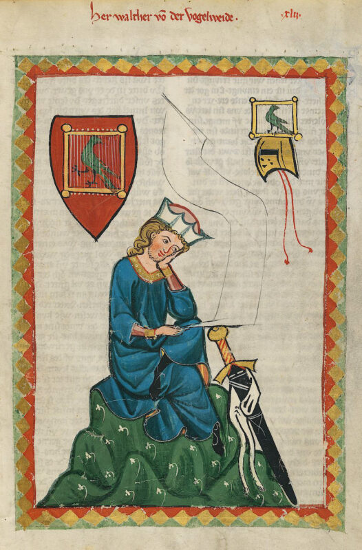 Buchmalerei aus dem Codex Manesse: Zu sehen ist Walther von der Vogelweide, der sinnierend auf einem Stein sitzt