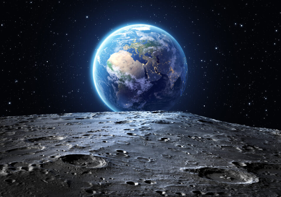 Künstlerische Darstellung der Erde vom Mond ausgesehen.