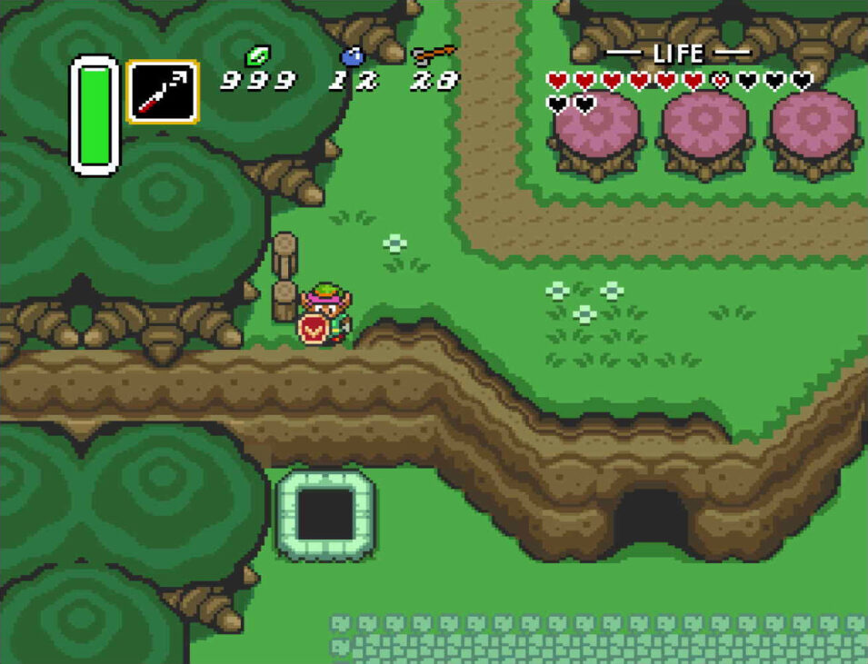 Screenshot aus A Link to the Past: Link steht über einem Brunnen