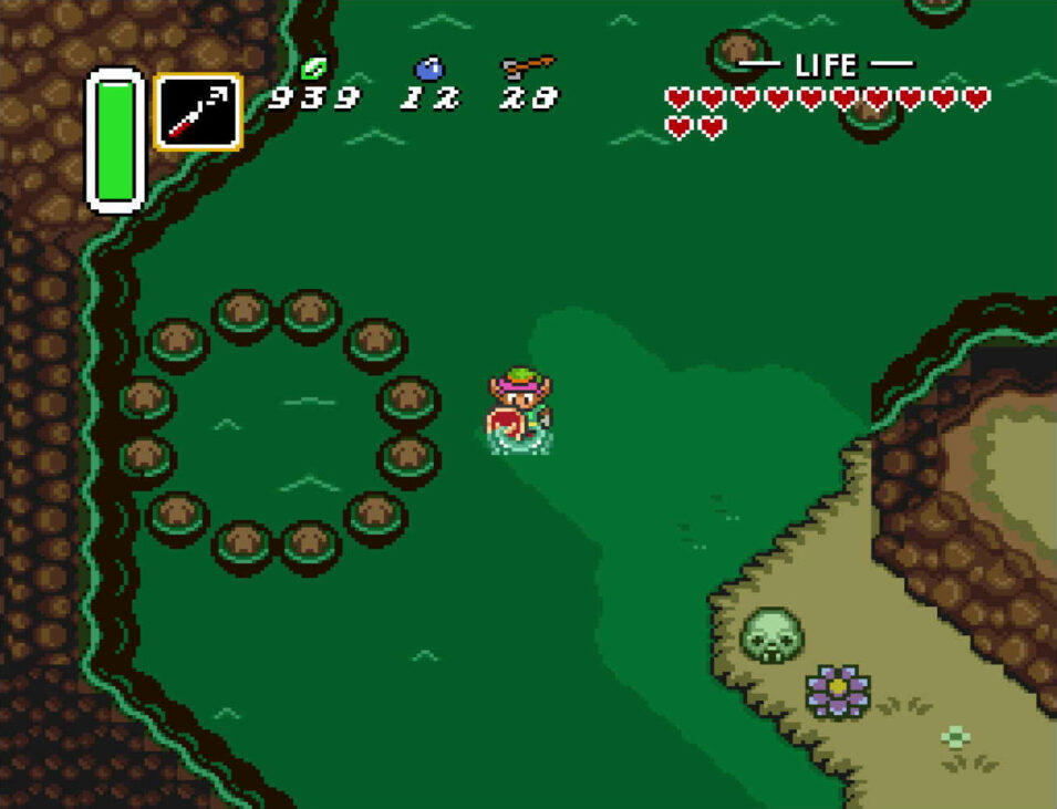 Screenshot aus A Link to the Past: Steinkreis im Wasser