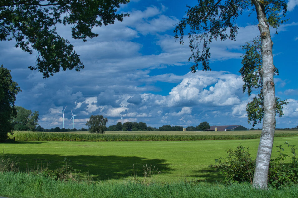 Landschaftsfoto mit Feldern, Mais und einem Bauernhof im Hintergrund