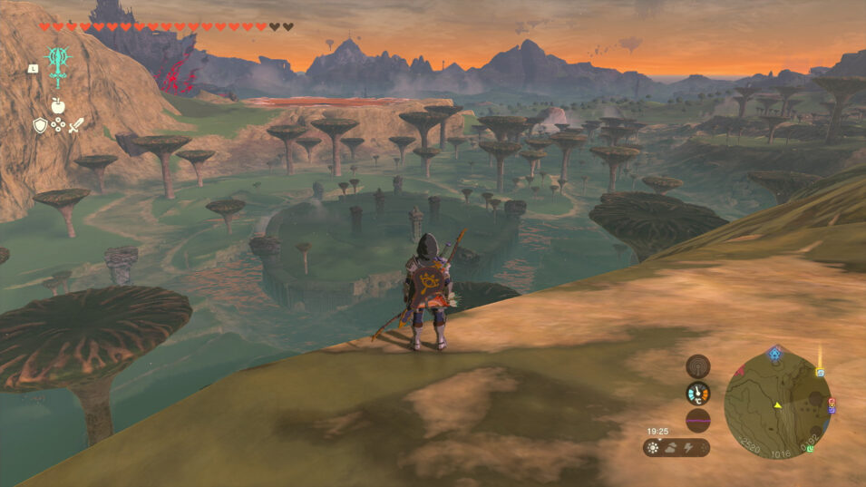 Screenshot aus Tears of the Kingdom: Blick über ein Tal, in dem riesige Pilze wachsen
