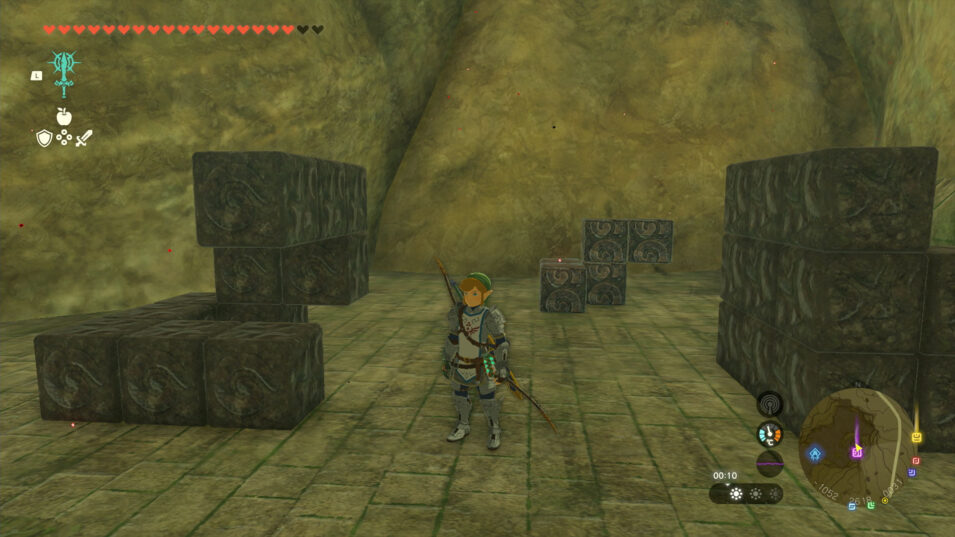 Screenshot aus Tears of the Kingdom: Link steht neben einen Block-Rätsel