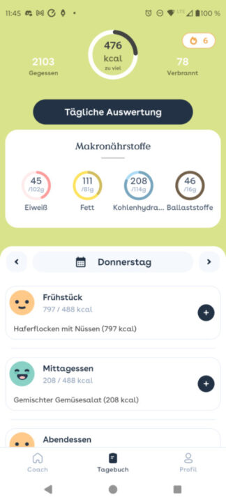 Das Bild zeigt einen Screenshot von meiner Handy-App Foodvisor. Verschiedene Grafiken zeigen die Auswertung meiner Ernährung an diesem Tag an: Fast 500 kcal zu viel, viel zu viel Fett und Kohlenhydrate.