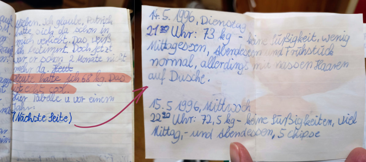 Foto von meinem Tagebuch aus dem Jahr 1997. Mit krakeliger Füller-Schrift steht dort: ... Heute hatte ich 68 kg. Das ist echt cool. Hier Tabelle von vor einem Jahr:
14.5.1996, Dienstag. 21:30 Uhr: 73 kg - keine Süßigkeit, wenig Mittagessen, Abendessen und Frühstück normal, allerdings mit nassen Haaren auf Dusche [gemeint ist Waage?].
15.5.1996, Mittwoch. 22:30 Uhr: 72,5 kg - keine Süßigkeiten, viel Mittag- und Abendessen, 5 Chipse