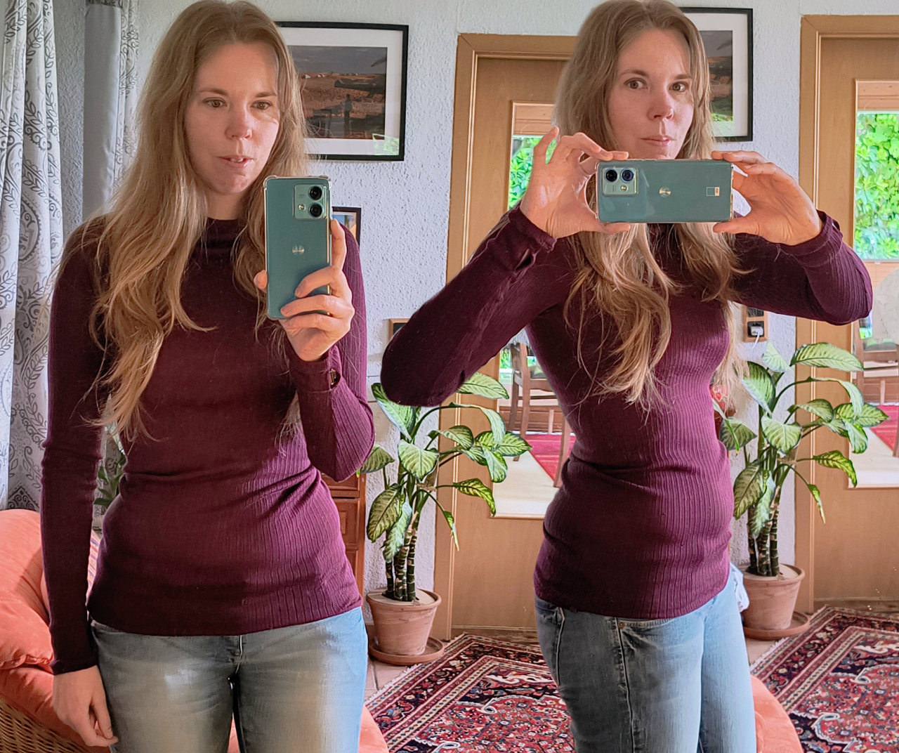 Fotomontage: Zwei mal Lucyda, einmal von vorn und einmal seitlich. Sie trägt einen bordeaux-roten, engen Pulli und eine hellblaue enge Jeans. Es ist noch ein kleines Bäuchlein zu sehen.