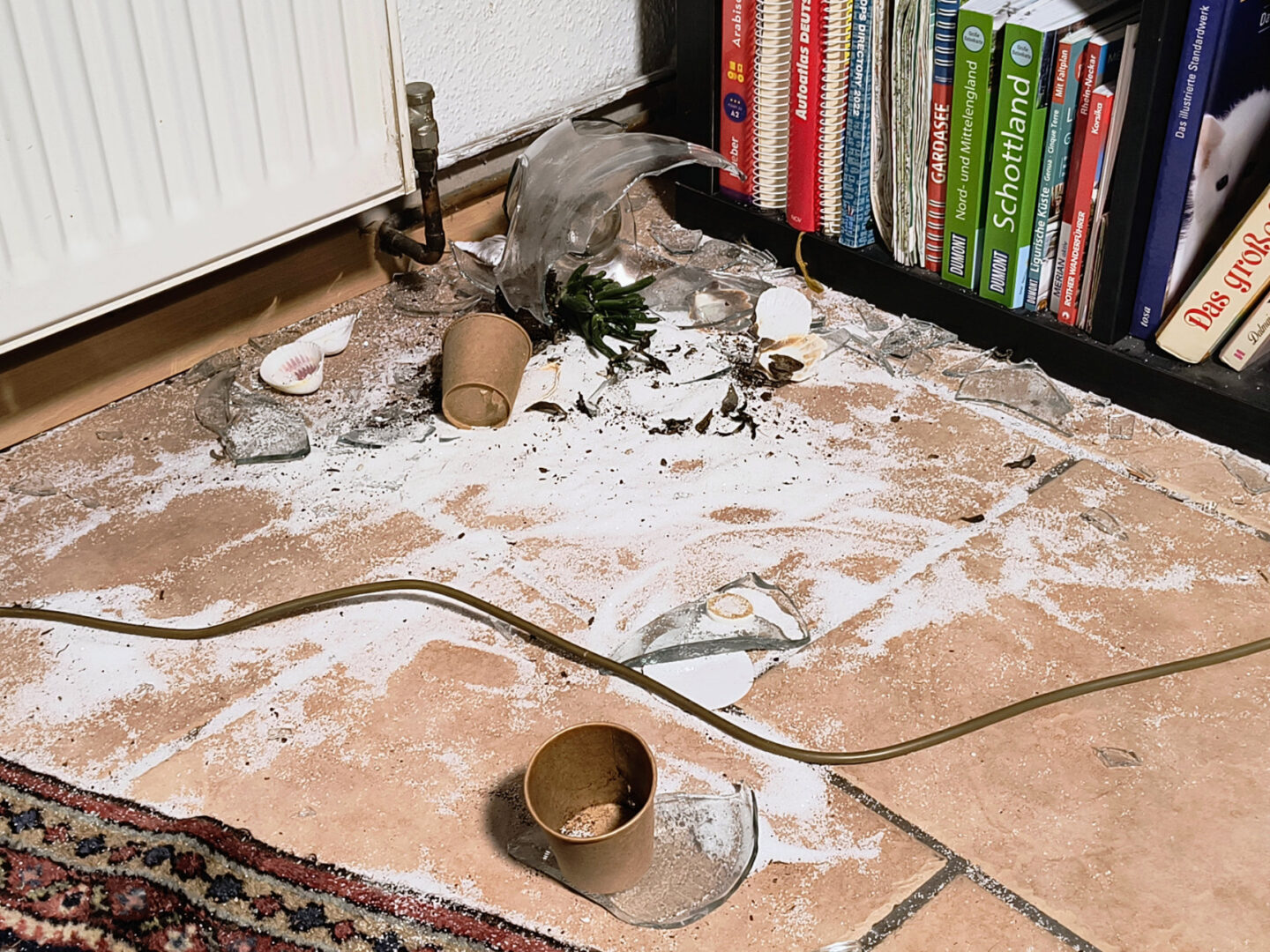 Auf dem Boden liegen die Scherben einer ehemals großen, bauchigen Glasflasche, in der Kakteen wuchen. Die Kakteen liegen mit den Scherben auf einem Haufen Sand, der auf dem ganzen Boden verteilt ist.
