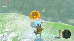 Hier traf ich völlig unerwartet, ohne Quest, auf eine merkwürdige Landmarke und habe nur auf Verdacht hin mithilfe verschiedener Spezialfähigkeiten einen Schrein entdecken können Breath of the Wild - Stein heben