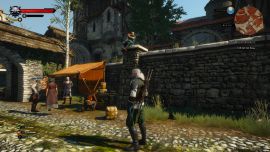 Ein Lebensmittelstand und oben auf der Mauer spielt einer Flöte Witcher 3
