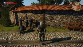 Nilfgaardische Soldaten entfernen ein "Nilfgaard-go-home" Graffiti (die Sonne, das Nilfgaard-Logo, fliegt in einen Mülleimer), das jemand nachts am Grundstück eines reichen Nilfgaarders angebracht hat Witcher 3